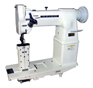 Seiko PW-26B, Two Needle, Post Bed, Vertical axis hook, Drop feed Lockstitch Machine